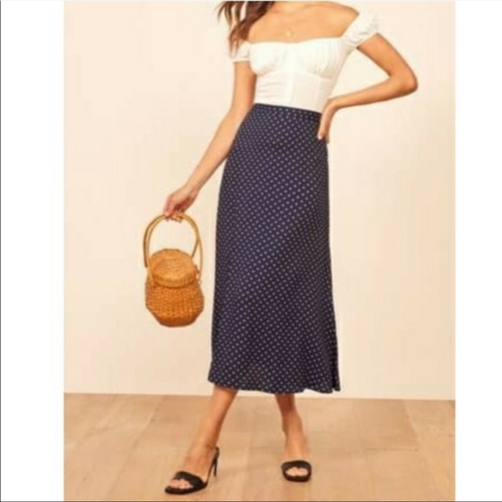 Reformation Navy Polka Dot Midi Skirt